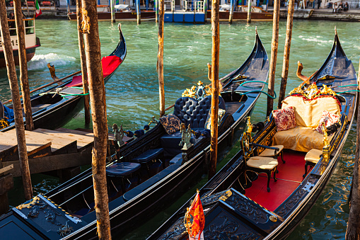 Sunset in the Grand Canal near the Rialto bridge, Venice, Italy.