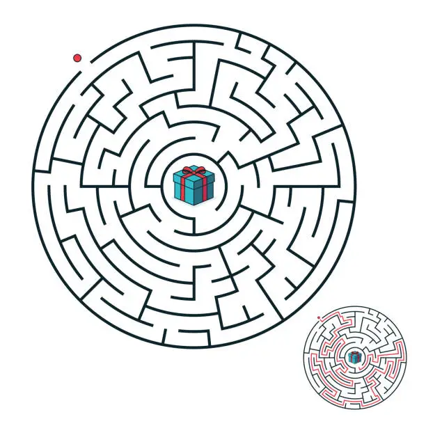 Vector illustration of Maze labyrinth with solution. Circular maze game isolated on background