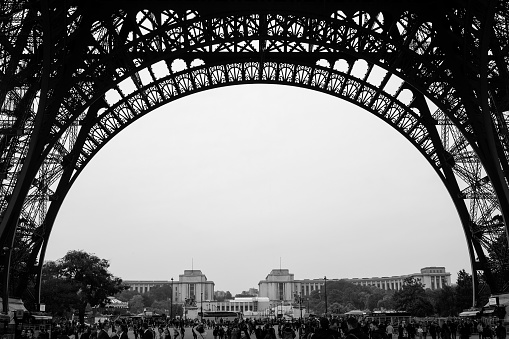 Paris, France. Monday 20 July 2020. Eiffel Tower behind a bus stop for Bosquet - Rapp