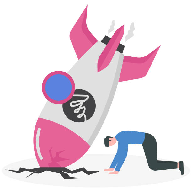 istock Fail start up business, new business risk or unexpected entrepreneur bankruptcy concept, depressed businessman company owner sitting on crash launching space rocket metaphor of new business failure. 1964511737