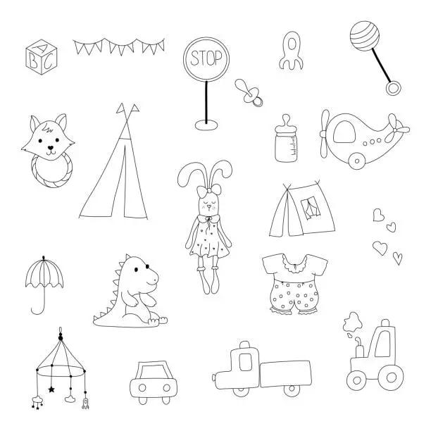 Vector illustration of Cute hand drawn kids toys set. Vector illustration isolated on white background.