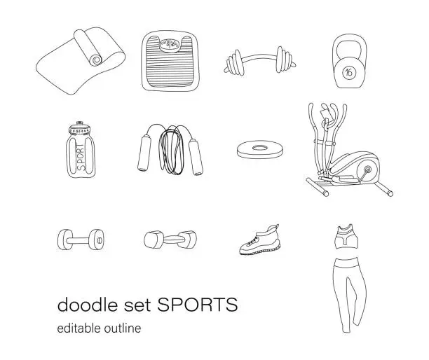 Vector illustration of Sports and fitness equipment.Outline vector illustration.
