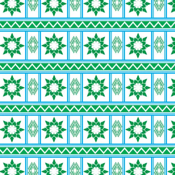 Vector illustration of Tribal traditional fabric batik ethnic of ikat floral seamless pattern of green leaves Spring Blossom Vector Design on a white background, Curtain, carpet, wallpaper, clothing, wrapping, Batik, vector