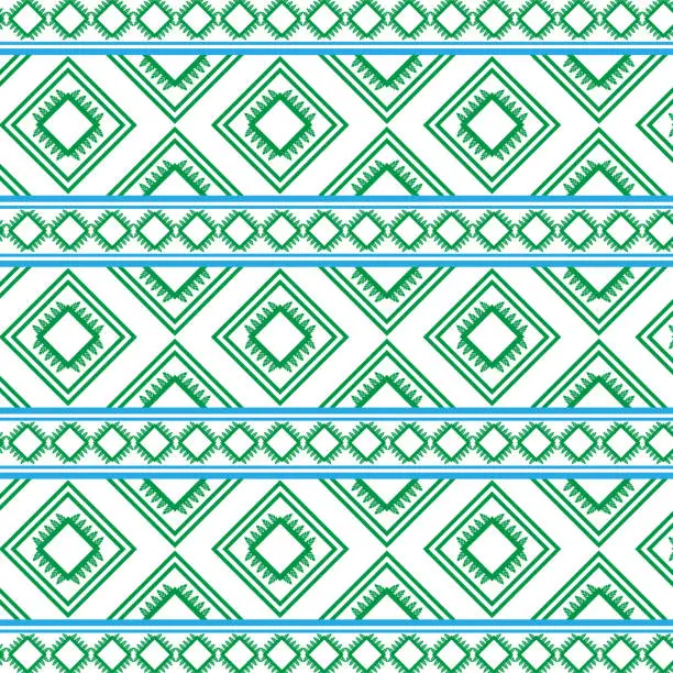 Vector illustration of Tribal traditional fabric batik ethnic of ikat floral seamless pattern of green leaves Spring geometric repeating Vector Design on a white background, Curtain, carpet, wallpaper, clothing, wrapping, Batik, vector