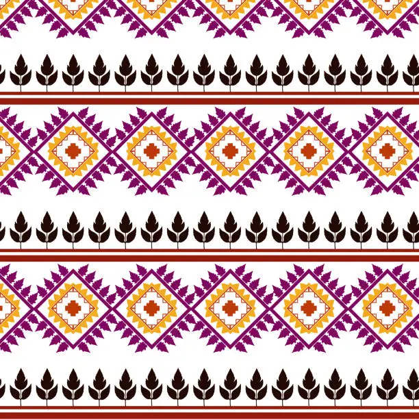 Vector illustration of Tribal traditional fabric batik ethnic of ikat floral seamless pattern of leaves Spring geometric repeating Vector Design on a white background, Curtain, carpet, wallpaper, clothing, wrapping, Batik, vector