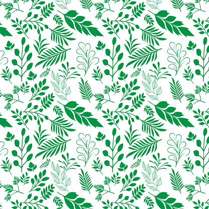 hand draw floral seamless pattern of green leaves Spring Blossom Vector Design on a white background, Curtain, carpet, wallpaper, clothing, wrapping,