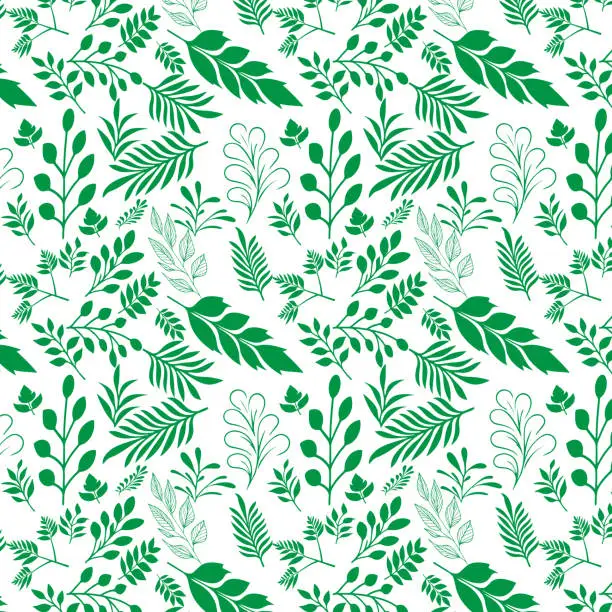 Vector illustration of hand draw floral seamless pattern of green leaves Spring Blossom Vector Design on a white background, Curtain, carpet, wallpaper, clothing, wrapping,