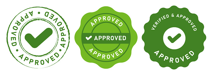 Approved stamp seal emblem logo badge graphic circle set approval check mark green color vector