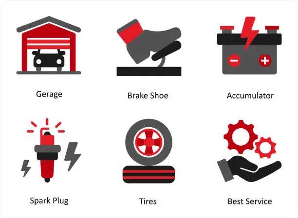 Vector illustration of Six technology icons in red and black as garage, brake shoe, accumulator