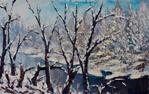 Oil landscape painting showing footpath through forest in winter.