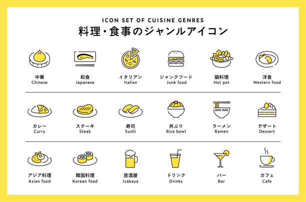 illustrations, cliparts, dessins animés et icônes de la signification japonaise est �« ensemble d’icônes des genres de cuisine ». il s’agit d’une illustration des catégories et des types d’aliments gastronomiques.　il y a des icônes de la cuisine japonaise, de la cuisine occidentale, de la cui - burger gourmet hamburger steak