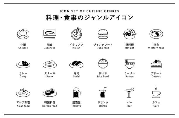 illustrations, cliparts, dessins animés et icônes de la signification japonaise est « ensemble d’icônes des genres de cuisine ». il s’agit d’une illustration des catégories et des types d’aliments gastronomiques.　il y a des icônes de la cuisine japonaise, de la cuisine occidentale, de la cui - burger gourmet hamburger steak