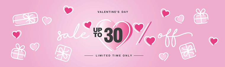 Valentine's Day Sale up to 30 percent off handwritten typography lettering line design with many sweet pink hearts and gift boxes Promotion shopping template