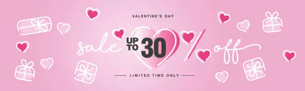 Vector illustration of Valentine's Day Sale up to 30 percent off handwritten typography lettering line design with many sweet pink hearts and gift boxes Promotion shopping template