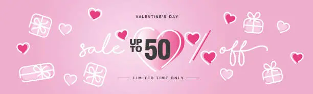 Vector illustration of Valentine's Day Sale up to 50 percent off handwritten typography lettering line design with many sweet pink hearts and gift boxes Promotion shopping template
