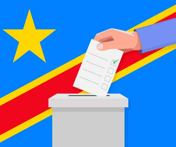 Vector illustration of DR Congo election concept. Hand puts vote bulletin