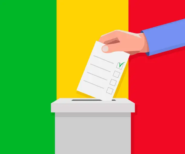 Vector illustration of Mali election concept. Hand puts vote bulletin