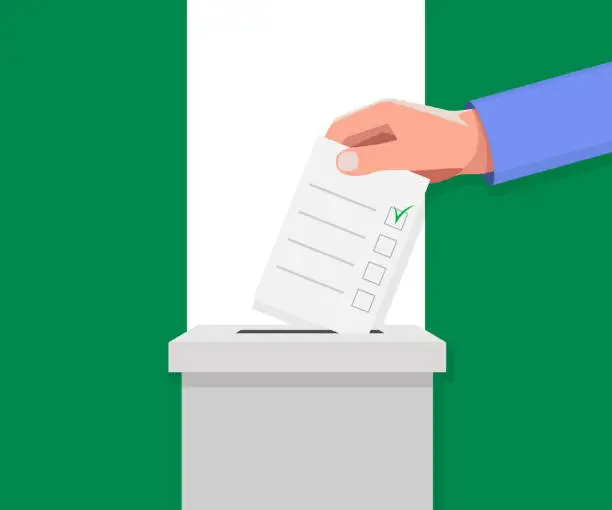 Vector illustration of Nigeria election concept. Hand puts vote bulletin