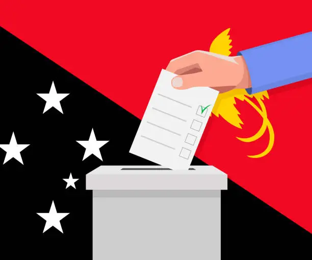 Vector illustration of Papua New Guinea election concept. Hand puts vote bulletin