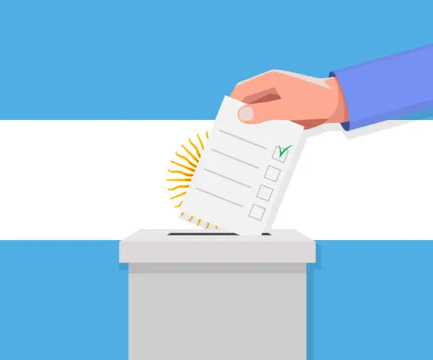 Vector illustration of Argentina election concept. Hand puts vote bulletin