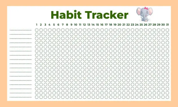 Vector illustration of Habit tracker. Blank monthly planner template for habit tracking with cute baby elephant character.Monthly planner.
