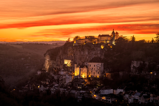 Sun setting over the medieval city of Rocamadour in the Lot region of France