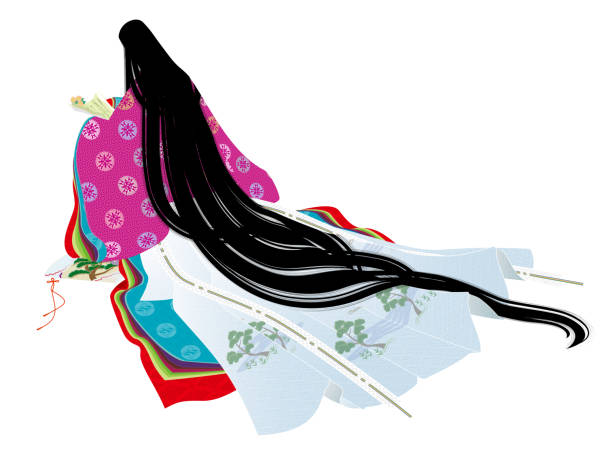 ilustrações de stock, clip art, desenhos animados e ícones de classic japanese folk costume. illustration of the back view of a woman wearing a heian-style junihitoe robe reading a love letter. - tanka