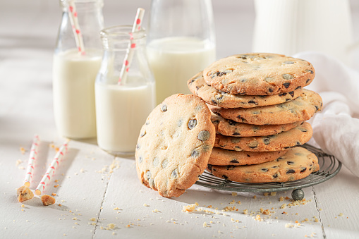 SEVERAL MORE IN THIS SERIES. Stack of warm homemade oatmeal chocolate chip cookies.  Very shallow DOF.
