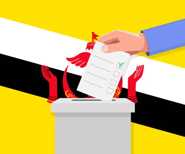 Vector illustration of Brunei election concept. Hand puts vote bulletin