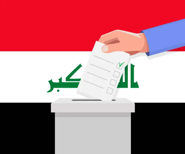 Vector illustration of Iraq election concept. Hand puts vote bulletin