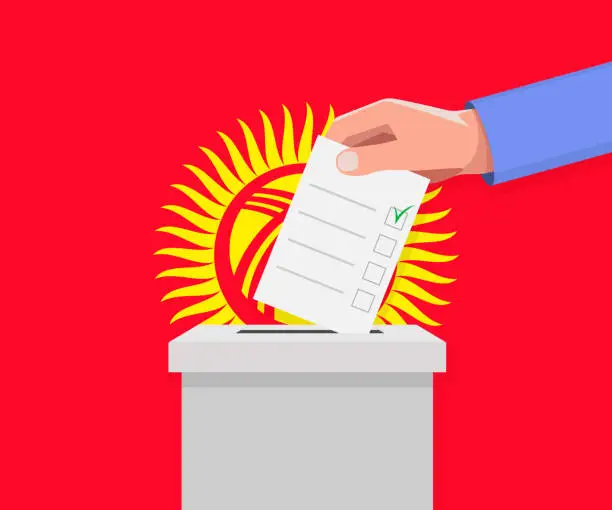 Vector illustration of Kyrgyzstan election concept. Hand puts vote bulletin