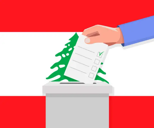 Vector illustration of Lebanon election concept. Hand puts vote bulletin