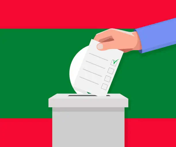 Vector illustration of Maldives election concept. Hand puts vote bulletin