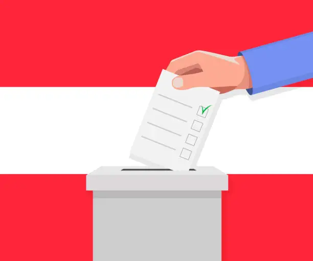 Vector illustration of Austria election concept. Hand puts vote bulletin
