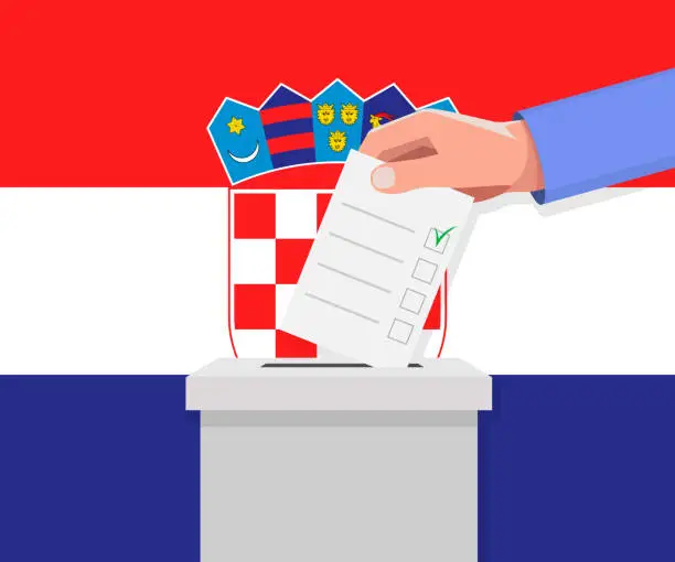 Vector illustration of Croatia election concept. Hand puts vote bulletin