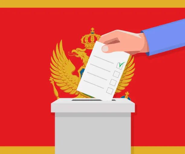 Vector illustration of Montenegro election concept. Hand puts vote bulletin