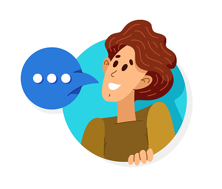 Young person talking online from a speech bubble, vector illustration of a conversation with accent on one-person trainer or mentor, online dialog, video speaker, social media commentator.