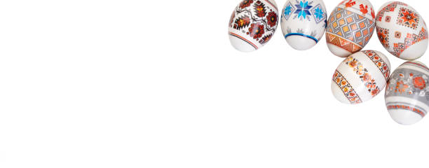 istock Happy Easter card. Colorful shiny easter eggs on isolated white background. Copy space for text. Banner 1964703152