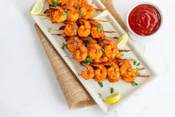 Shrimp Appetizer, Grilled Shrimps with Condiment,  Top Down Food Photo