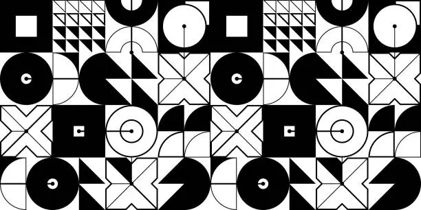 Vector illustration of Seamless vector abstract background in black and white, geometric seamless pattern, tiling endless wallpaper with geometrical shapes structure.