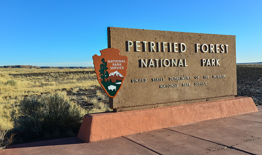 USA, Phenix, Arizona- November 17, 2019:  information sign with the name of the park Petrified Forest National Park, Arizona