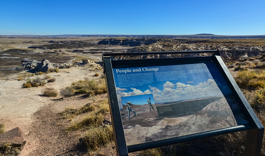 USA, Phenix, Arizona- November 17, 2019:  information sign in Petrified Forest National Park, Arizona