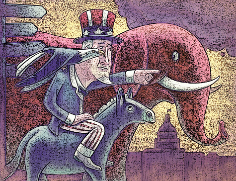 digital painting / raster illustration of Uncle Sam riding donkey and finding direction with elephant and bald eagle