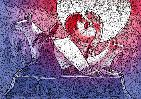 digital painting / raster illustration of businessman howling beside wolves at night