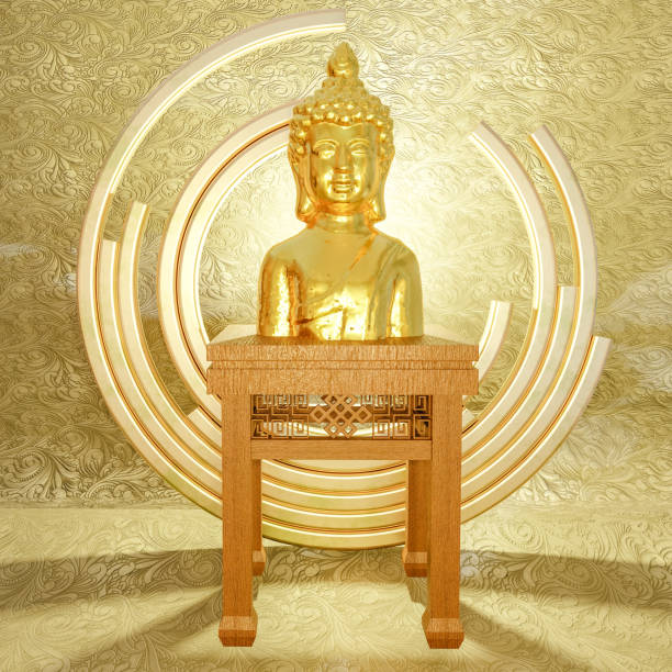 Golden statue of Buddha placed on wooden ornamental chair against lines forming circle. 3d render