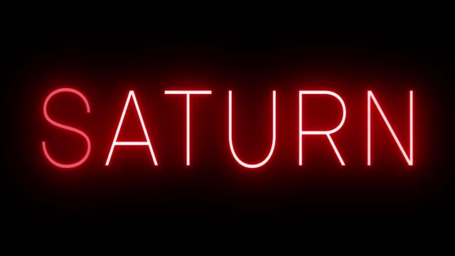 Glowing and blinking red retro neon sign for SATURN
