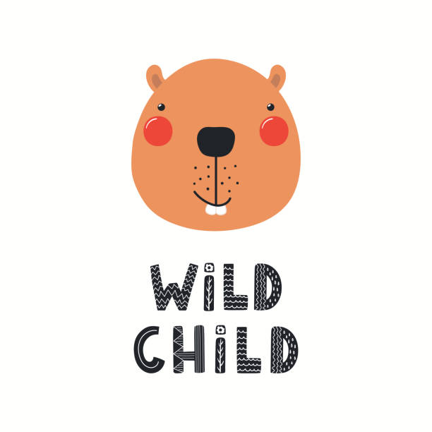 Cute beaver illustration Hand drawn vector illustration of a cute funny beaver face, with lettering quote Wild child. Isolated objects on white background. Scandinavian style flat design. Concept for children print. clip art of baby beaver stock illustrations