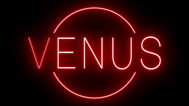 Glowing and blinking red retro neon sign for VENUS