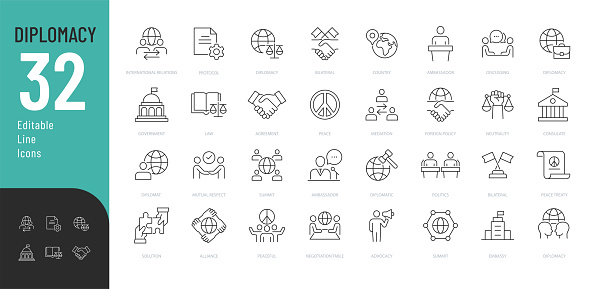 Vector illustration in modern thin line style of  political dialogue related icons: summit, diplomatic, politics, debate, and more. Isolated on white