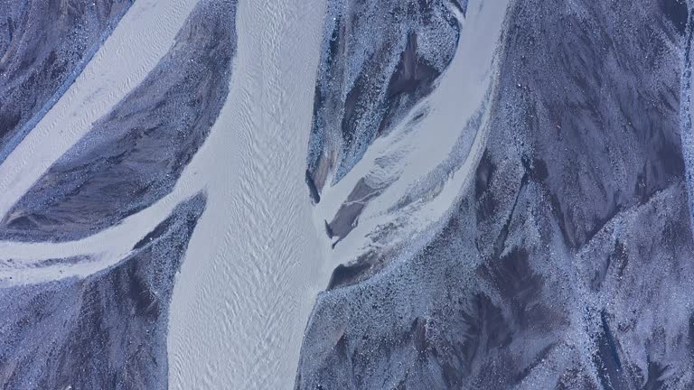 Aerial view of glacier river branches, Icelandic glacial river bed and moraine. Climate change and global warming